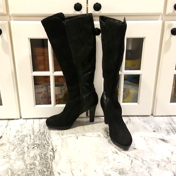IMPO Stretch black suede & snake print tall platform boots side zip w/ elastic 8 - Picture 1 of 8